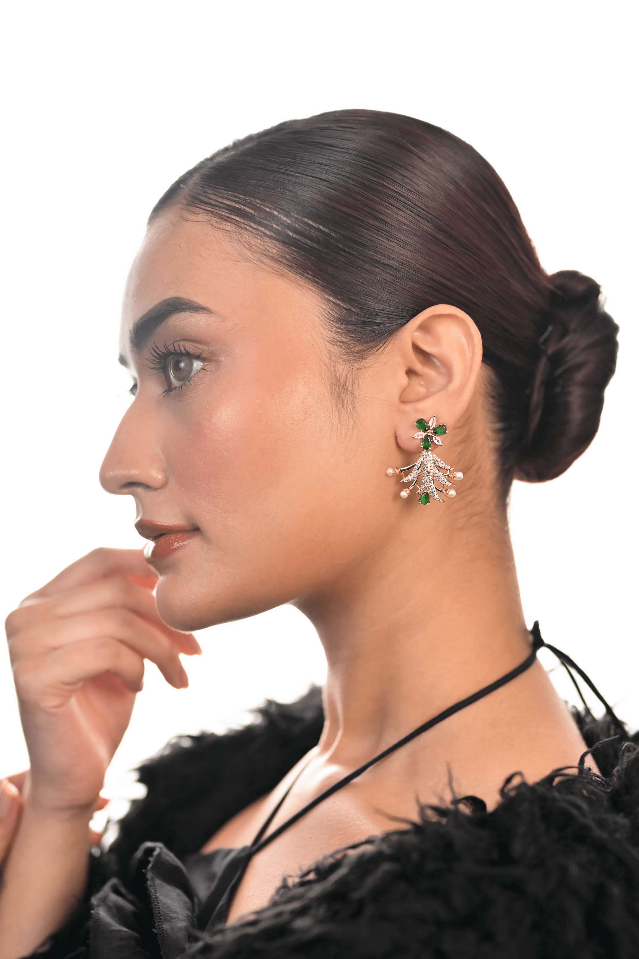 Ziyan Gold Plated leaf Shape green American Diamond Stud Earring