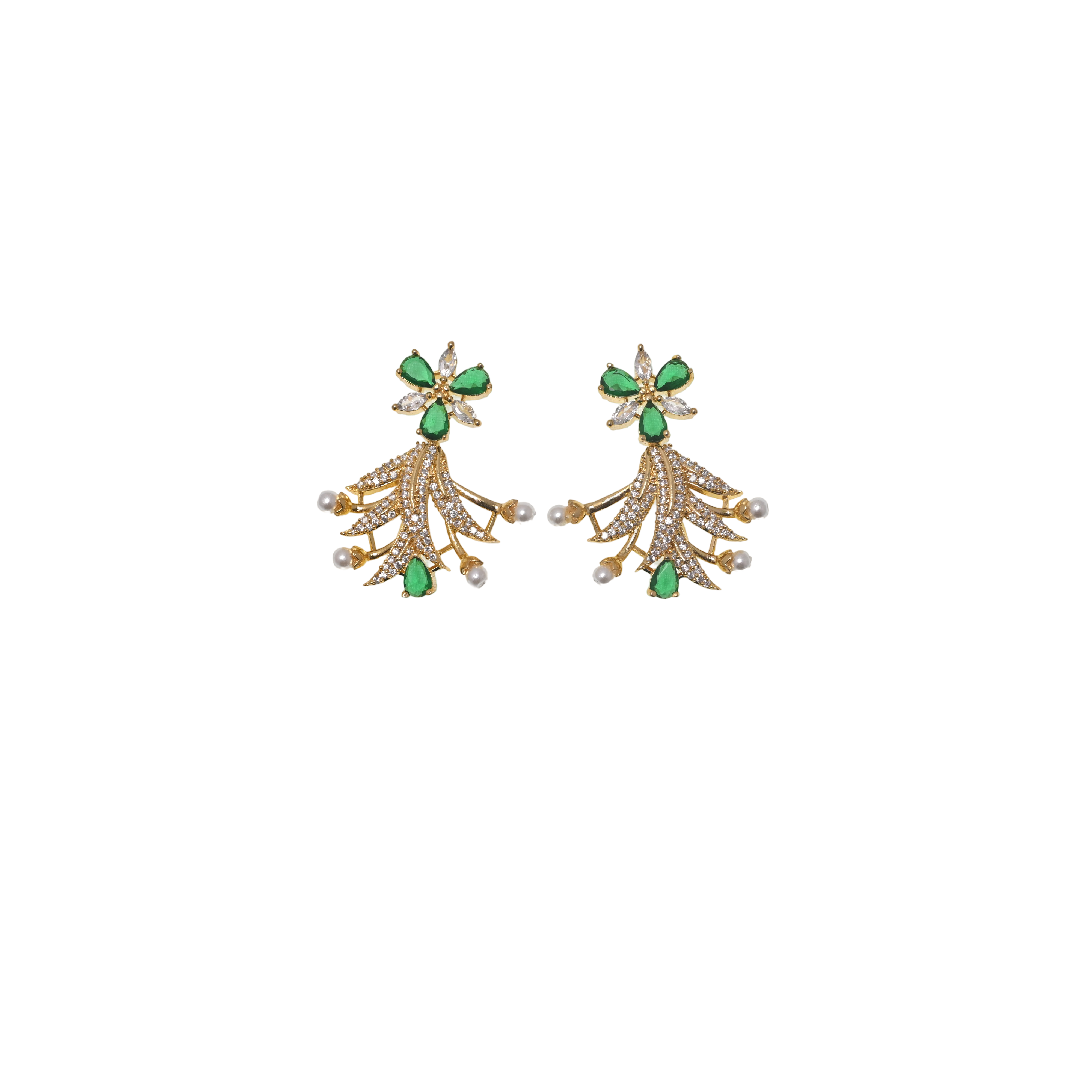 Ziyan Gold Plated leaf Shape green American Diamond Stud Earring